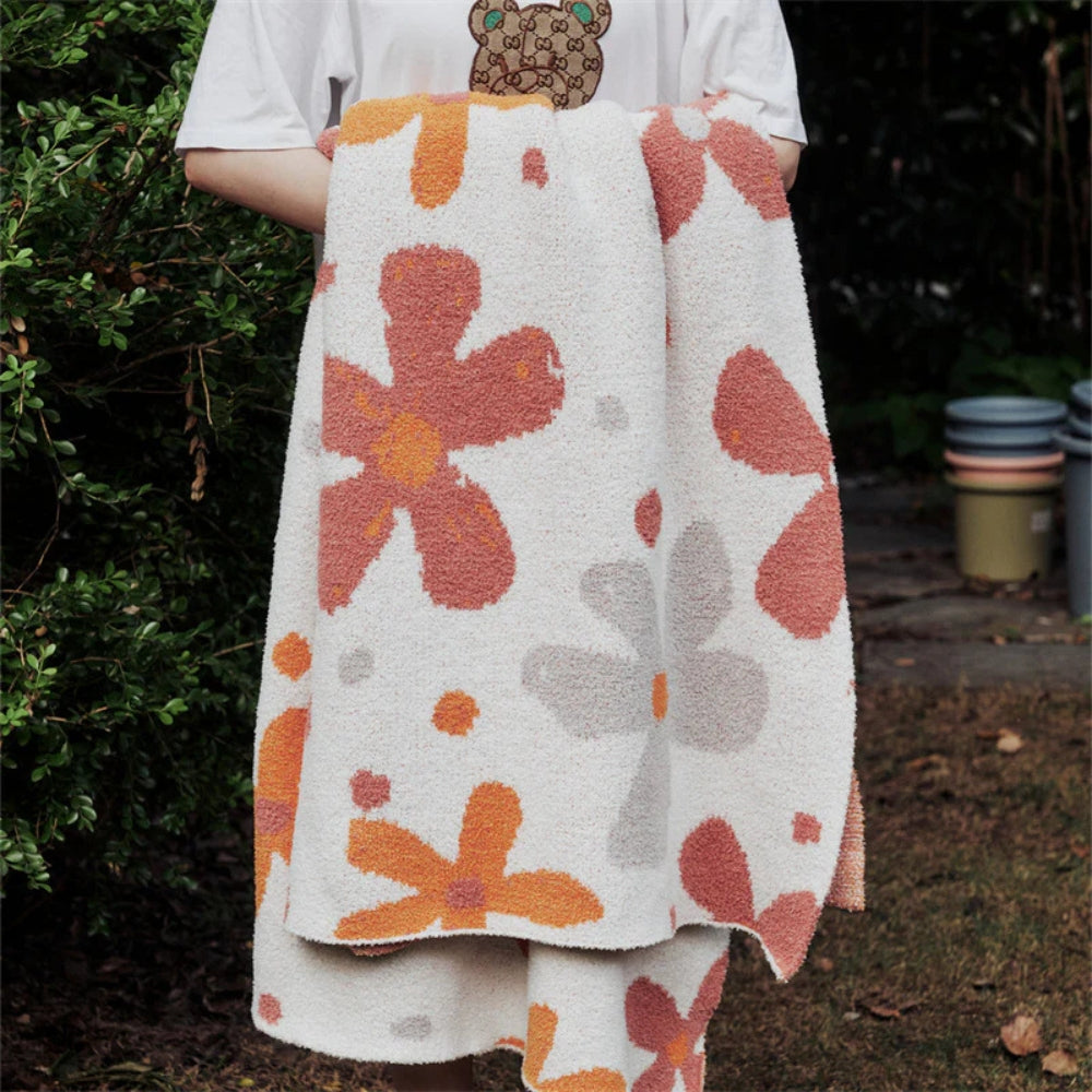 Throw Blanket Floral Knit Cotton-Microfiber Machine Washable