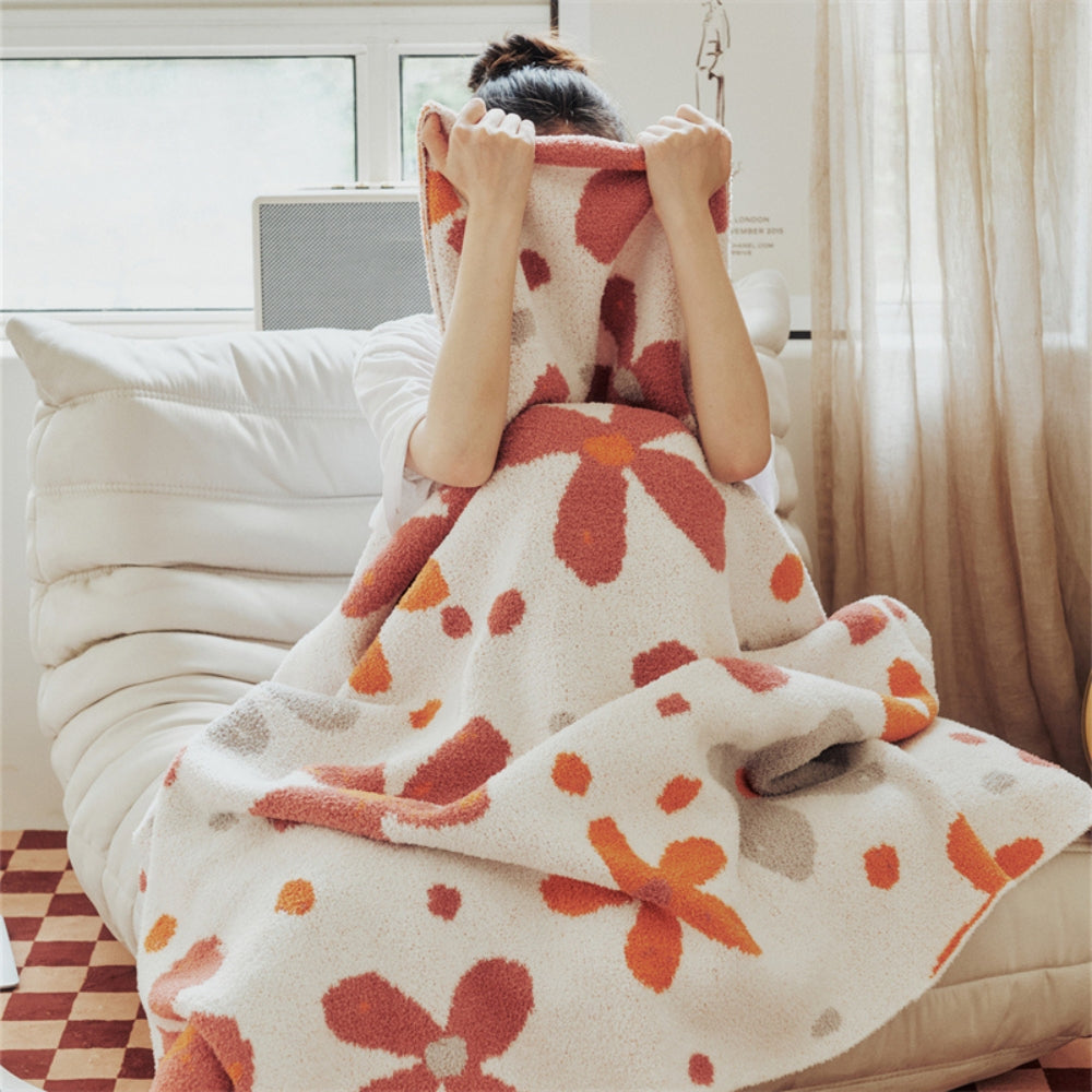 Throw Blanket Floral Knit Cotton-Microfiber Machine Washable