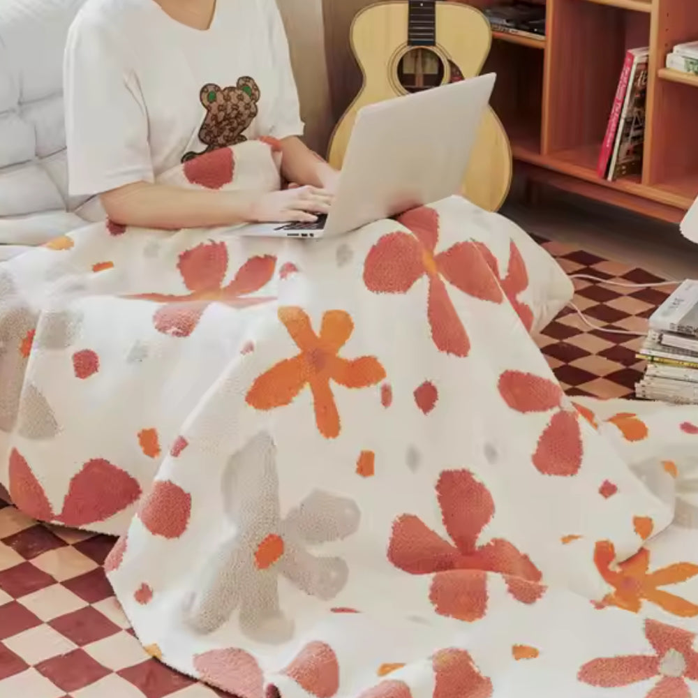 Throw Blanket Floral Knit Cotton-Microfiber Machine Washable