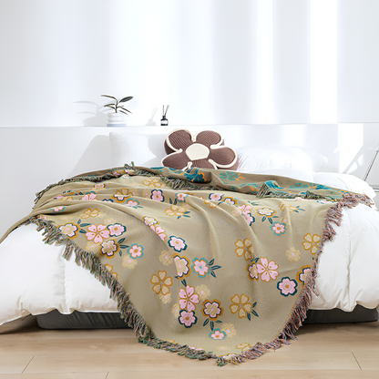 Throw Blanket Floral Print Tassels Soft & Breathable