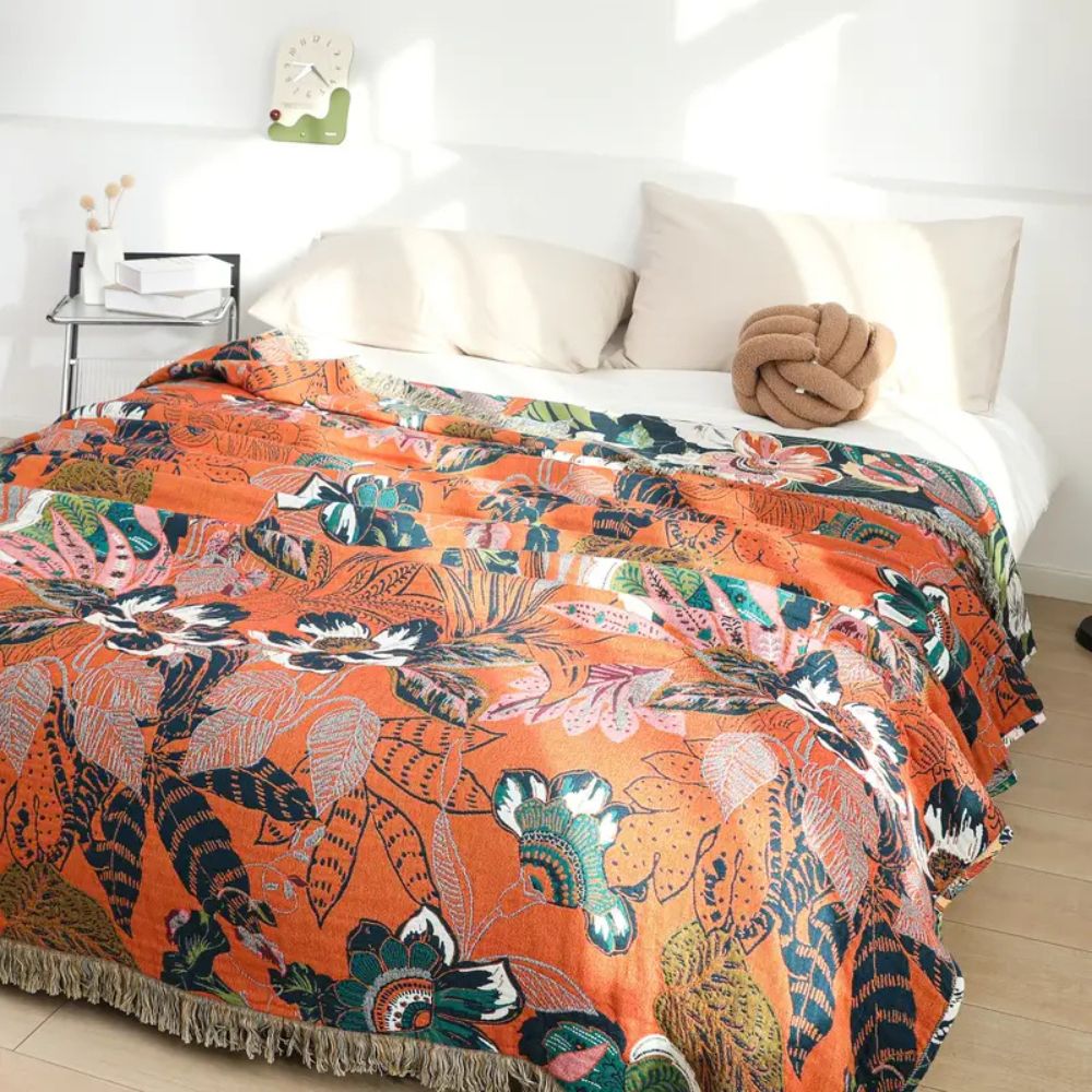 Throw Blanket Gauze Cotton Reversible Jacquard Tassel Edges