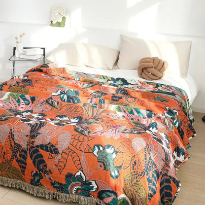 Throw Blanket Gauze Cotton Reversible Jacquard Tassel Edges