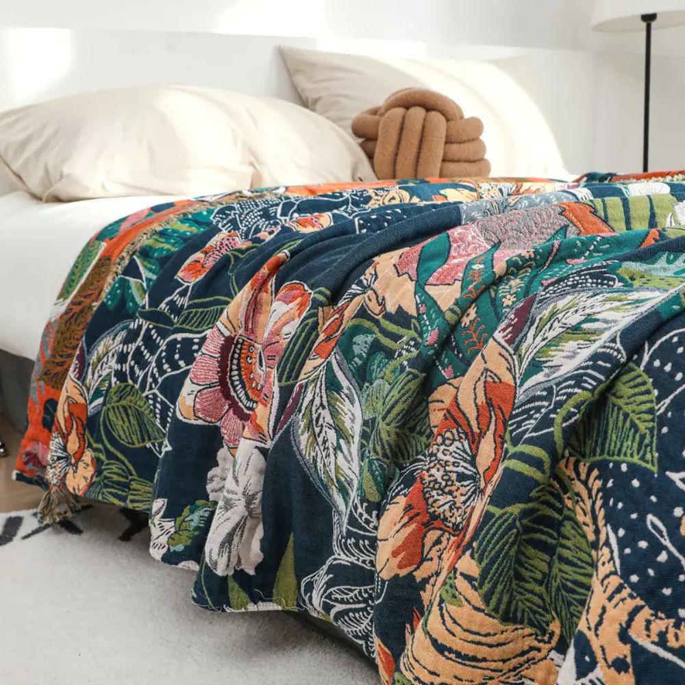 Throw Blanket Gauze Cotton Reversible Jacquard Tassel Edges