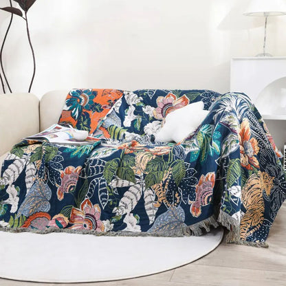 Throw Blanket Gauze Cotton Reversible Jacquard Tassel Edges