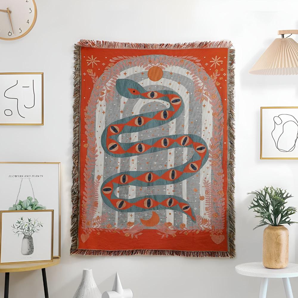 Throw Blanket Jacquard Snake Design Microfiber Blend Braided Fringe