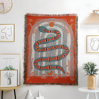 Throw Blanket Jacquard Snake Design Microfiber Blend Braided Fringe