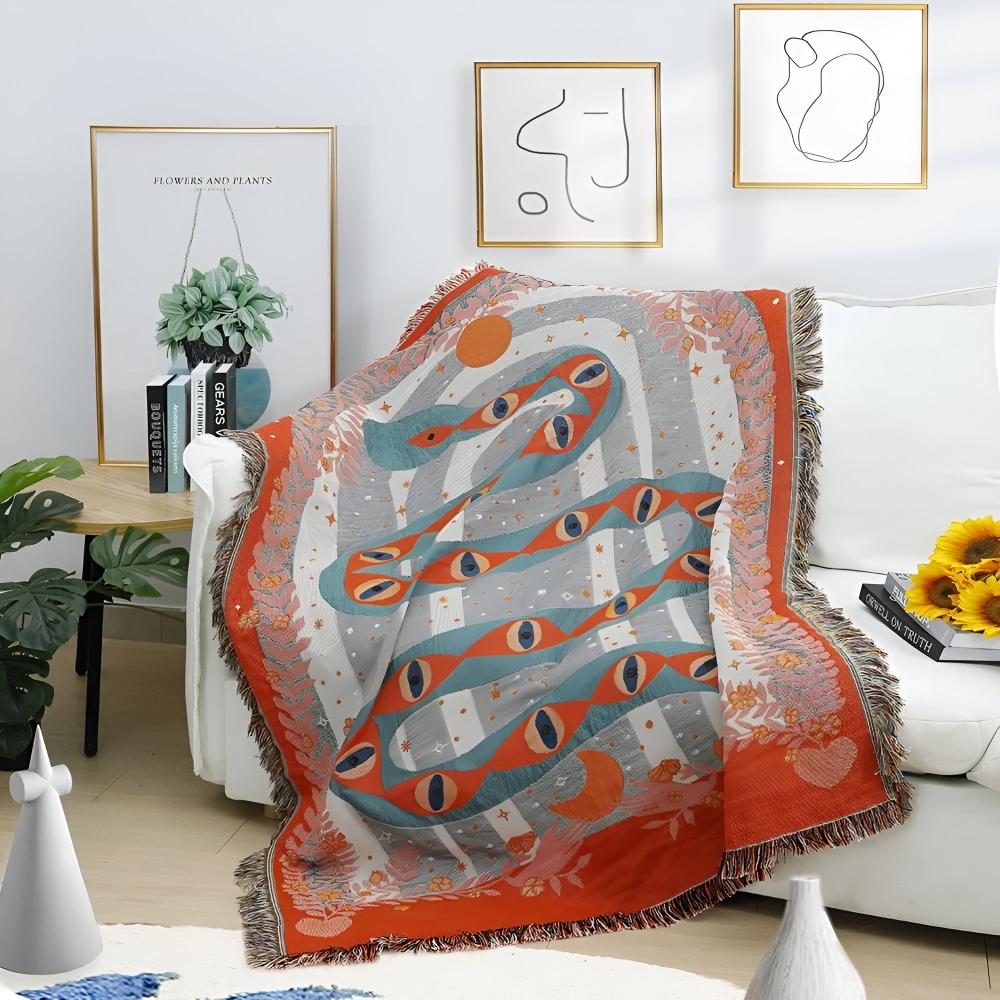 Throw Blanket Jacquard Snake Design Microfiber Blend Braided Fringe
