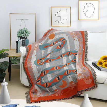 Throw Blanket Jacquard Snake Design Microfiber Blend Braided Fringe