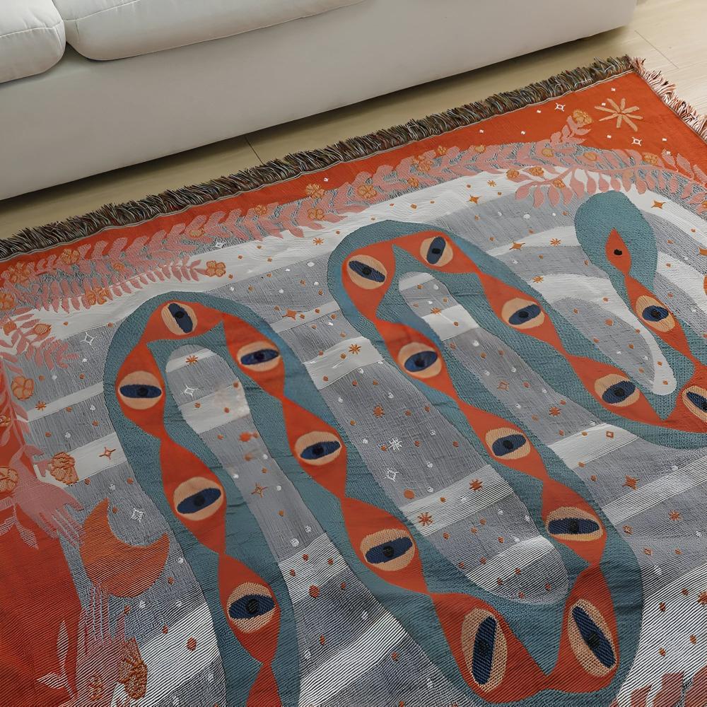 Throw Blanket Jacquard Snake Design Microfiber Blend Braided Fringe