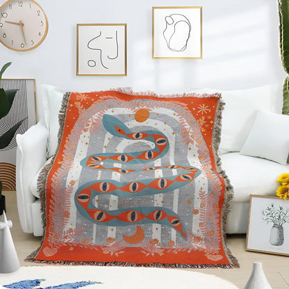 Throw Blanket Jacquard Snake Design Microfiber Blend Braided Fringe