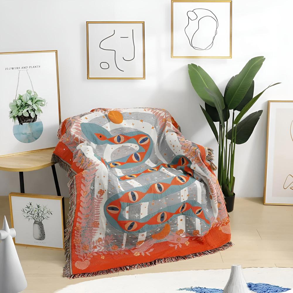 Throw Blanket Jacquard Snake Design Microfiber Blend Braided Fringe