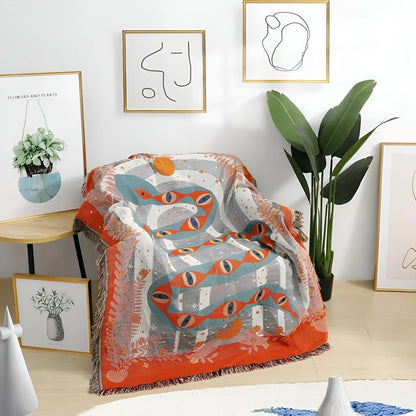 Throw Blanket Jacquard Snake Design Microfiber Blend Braided Fringe