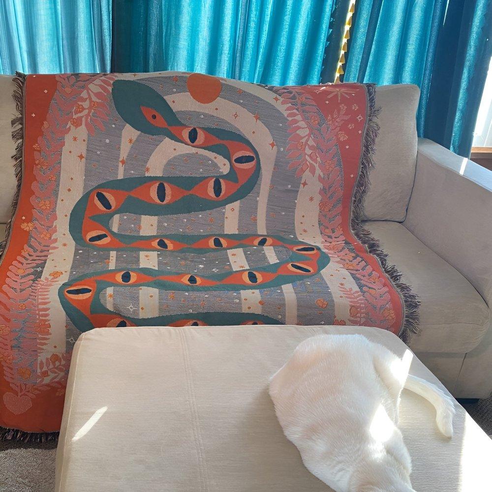 Throw Blanket Jacquard Snake Design Microfiber Blend Braided Fringe