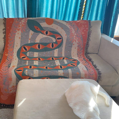 Throw Blanket Jacquard Snake Design Microfiber Blend Braided Fringe