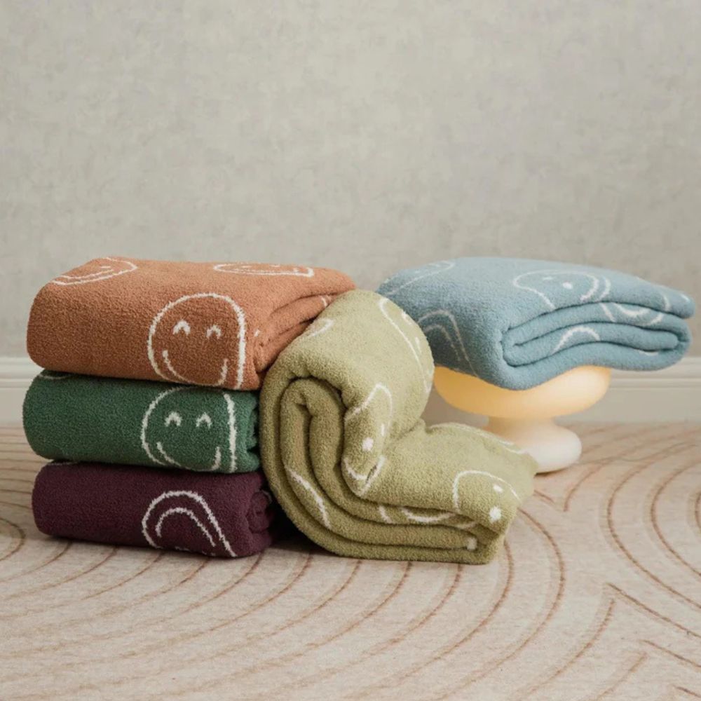 Throw Blanket Knitted Smiley Face 100% Cotton Machine Washable