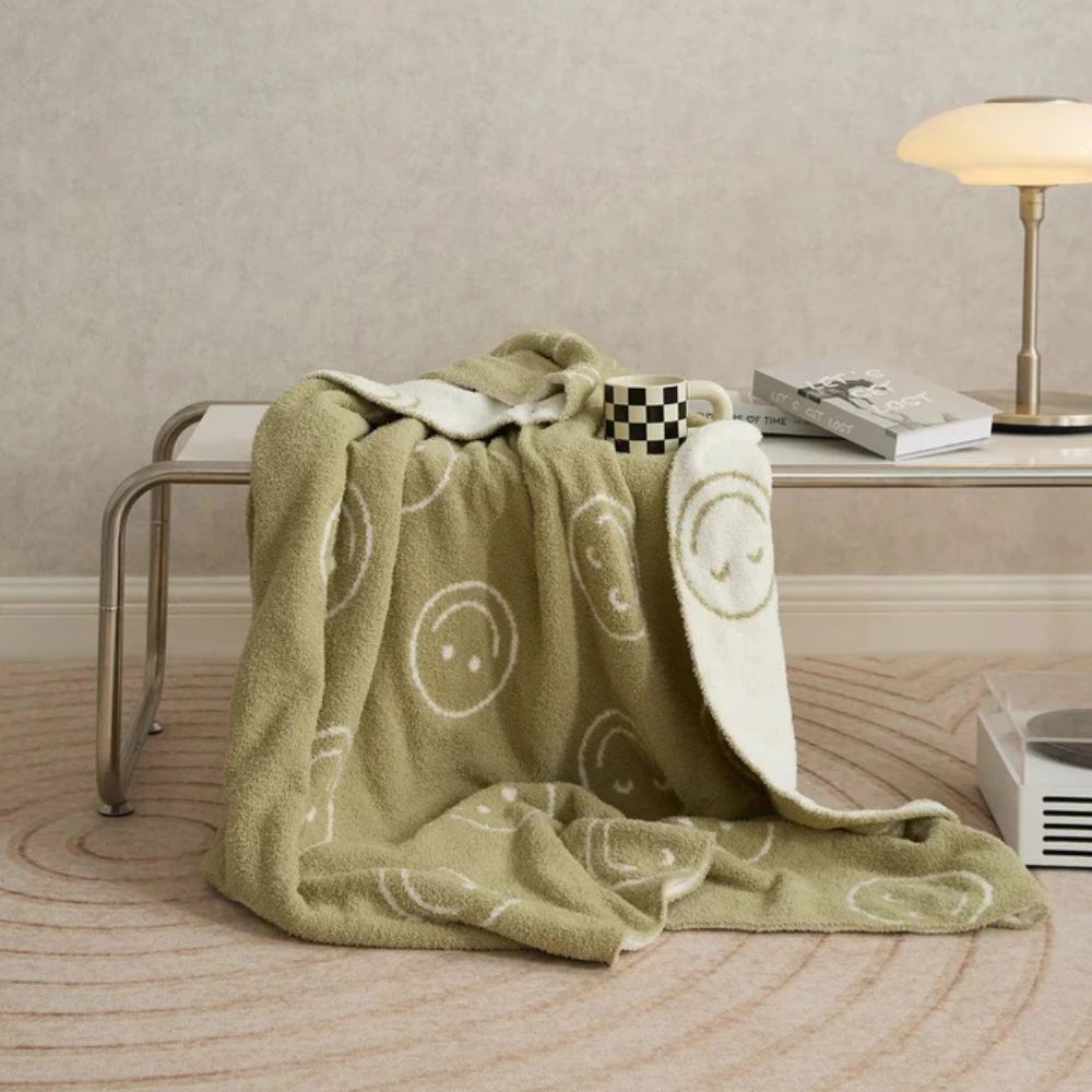Throw Blanket Knitted Smiley Face 100% Cotton Machine Washable