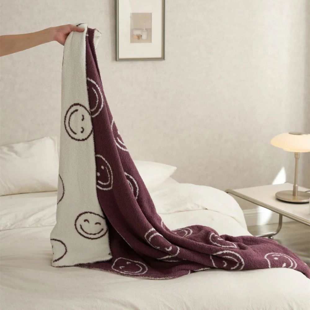 Throw Blanket Knitted Smiley Face 100% Cotton Machine Washable