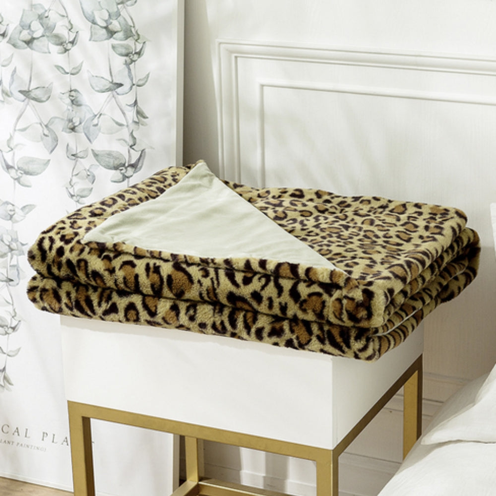 Throw Blanket Leopard Print Faux Rabbit Fur Machine Washable