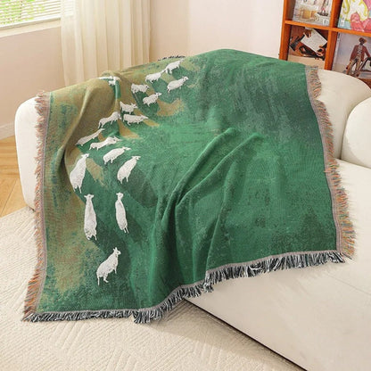 Throw Blanket Microfiber Cotton Blend Sheep Pattern Tassel Fringe