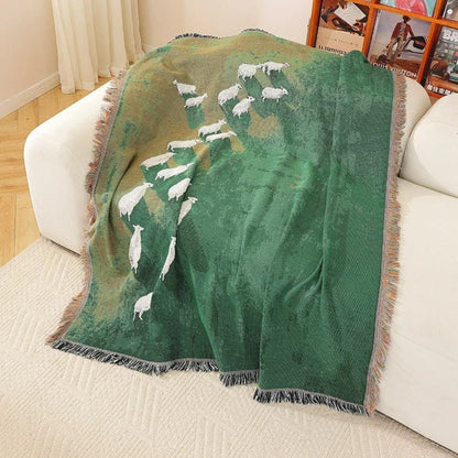 Throw Blanket Microfiber Cotton Blend Sheep Pattern Tassel Fringe