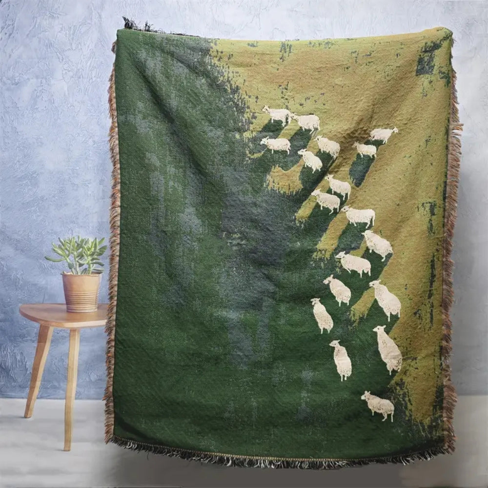 Throw Blanket Microfiber Cotton Blend Sheep Pattern Tassel Fringe