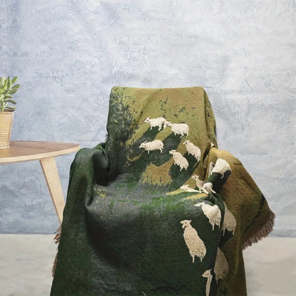 Throw Blanket Microfiber Cotton Blend Sheep Pattern Tassel Fringe