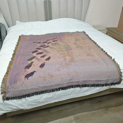 Throw Blanket Microfiber Cotton Blend Sheep Pattern Tassel Fringe