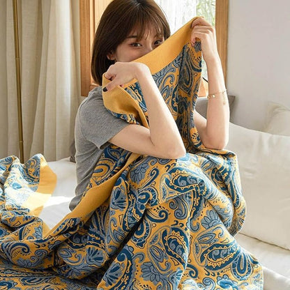 Throw Blanket Retro Azure & Gold 100% Cotton