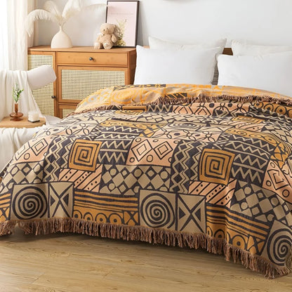 Throw Blanket Reversible 100% Cotton Tassel Fringe