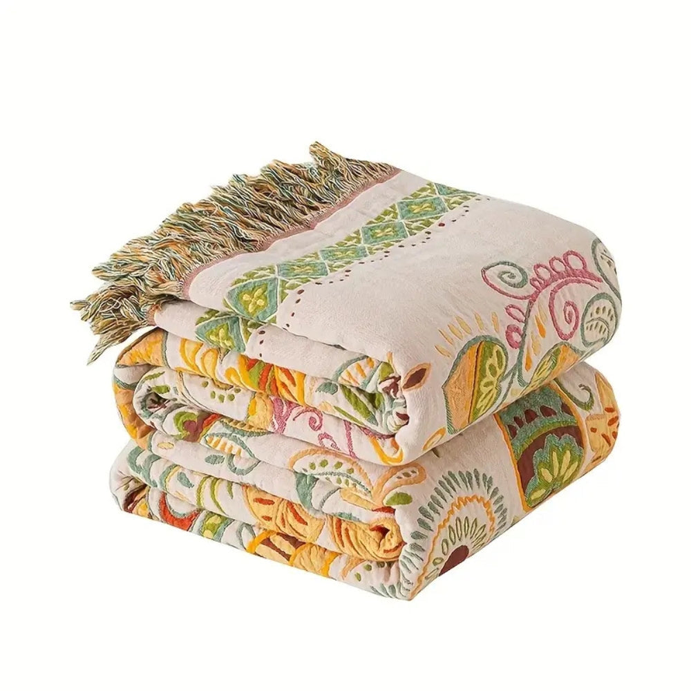 Throw Blanket Reversible Cotton Gauze Tassel Edges