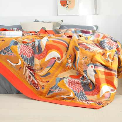 Throw Blanket Reversible Cotton Gauze Tropical Toucan Print