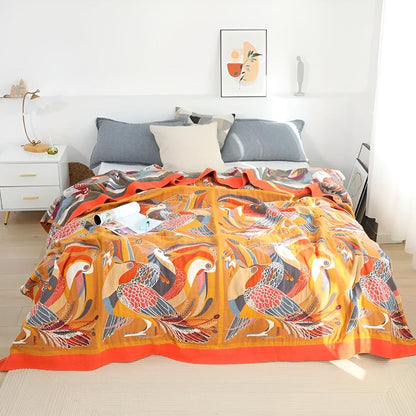 Throw Blanket Reversible Cotton Gauze Tropical Toucan Print