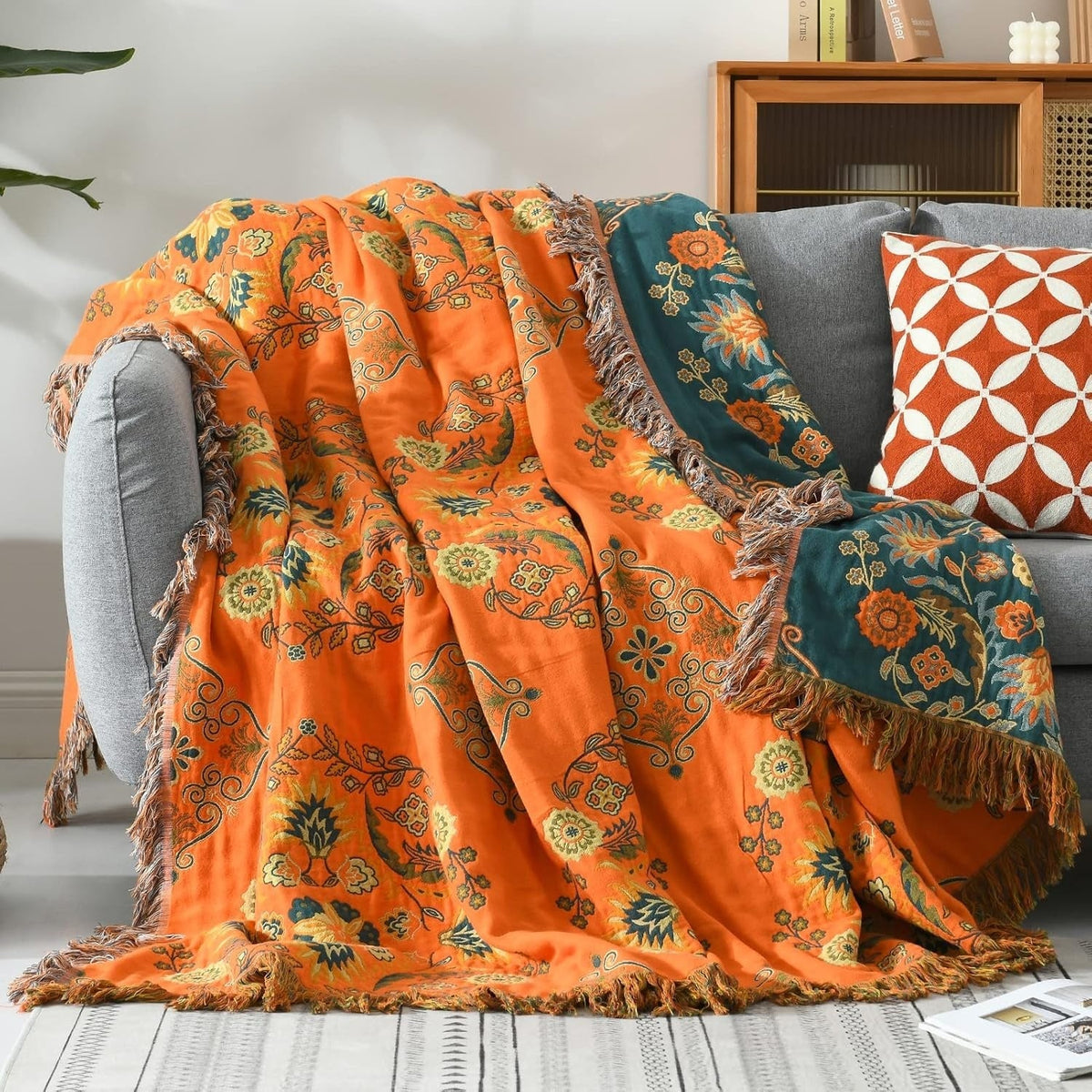 Throw Blanket Reversible Floral Cotton Gauze