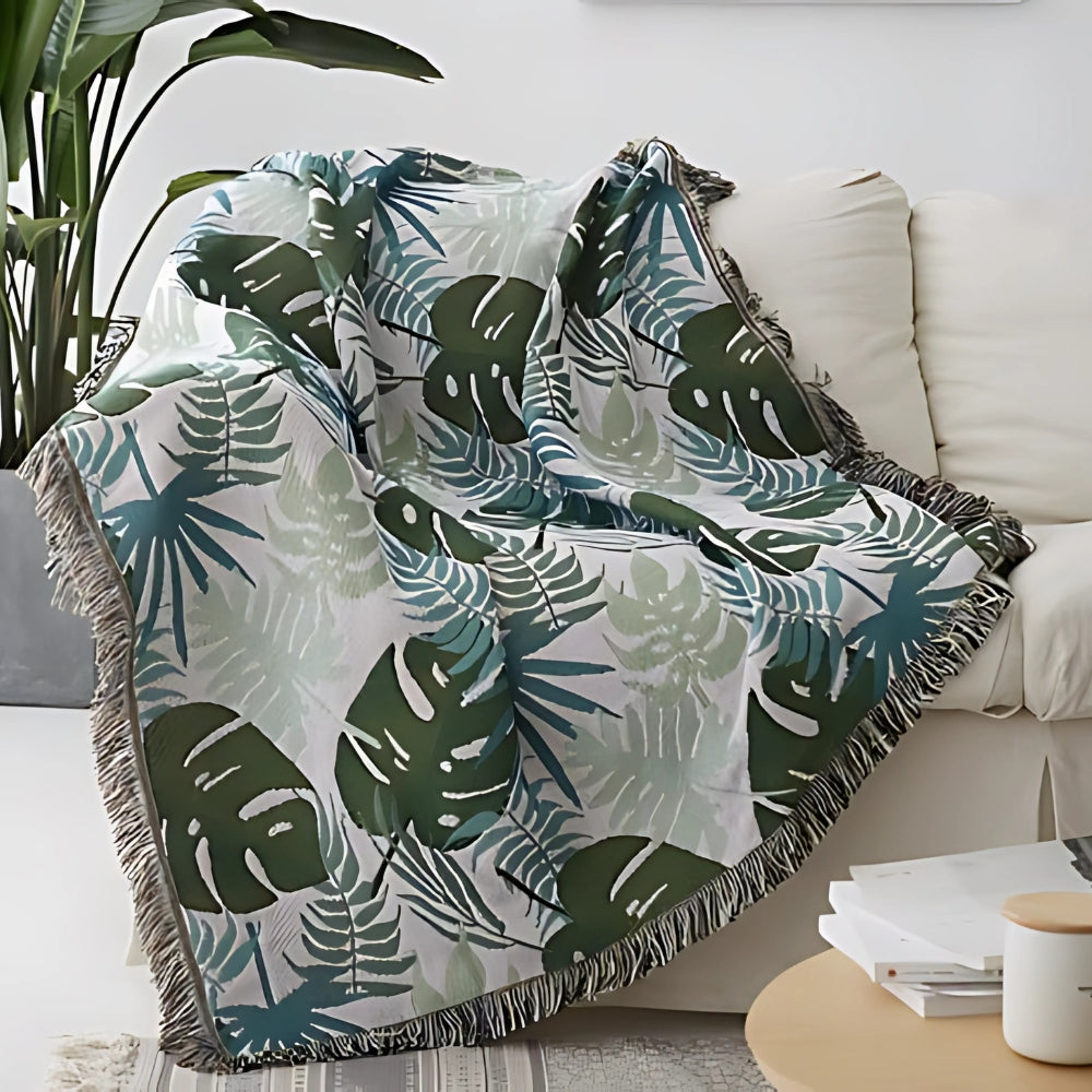 Throw Blanket Reversible Palm Leaf Cotton-Polyester Tassel Edges