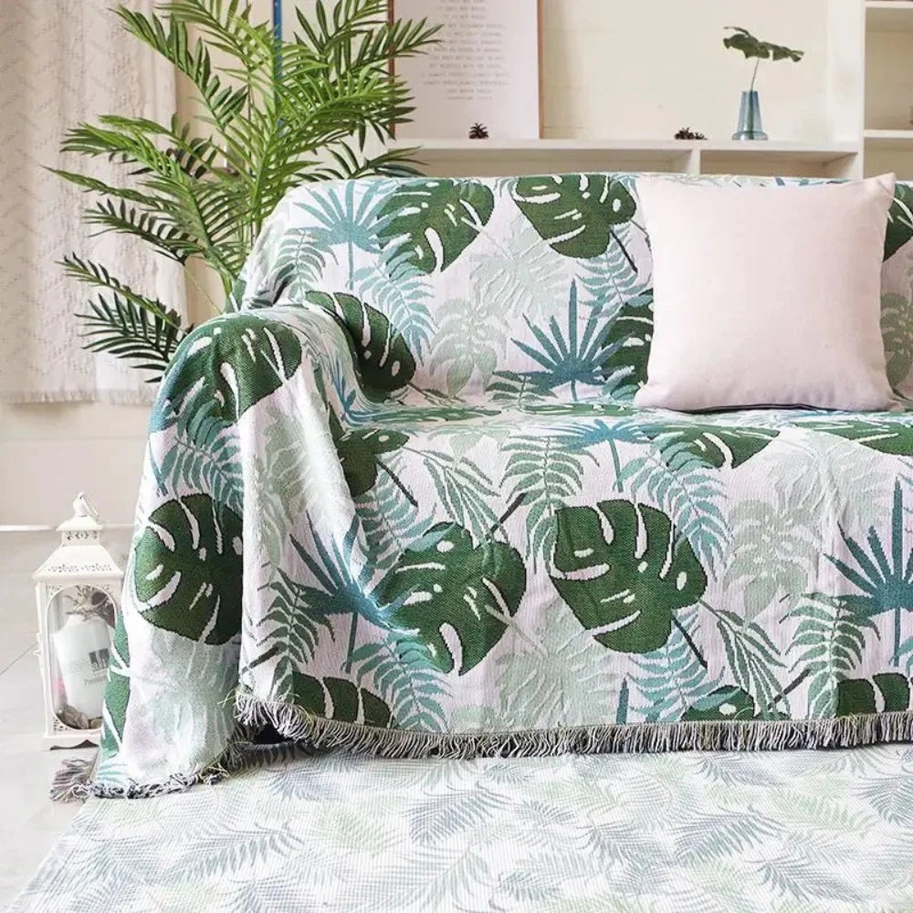 Throw Blanket Reversible Palm Leaf Cotton-Polyester Tassel Edges