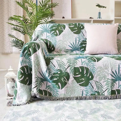 Throw Blanket Reversible Palm Leaf Cotton-Polyester Tassel Edges