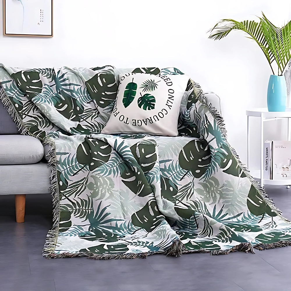 Throw Blanket Reversible Palm Leaf Cotton-Polyester Tassel Edges