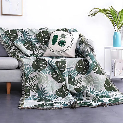 Throw Blanket Reversible Palm Leaf Cotton-Polyester Tassel Edges