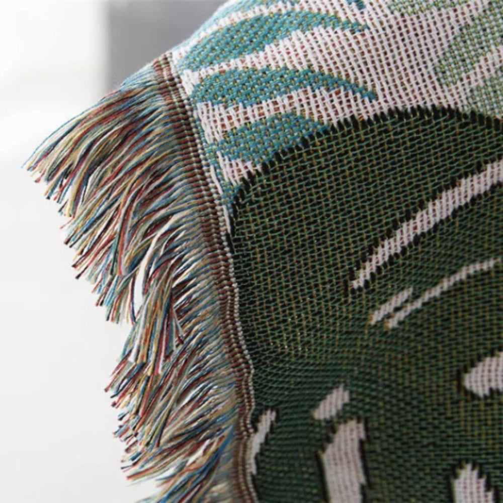 Throw Blanket Reversible Palm Leaf Cotton-Polyester Tassel Edges