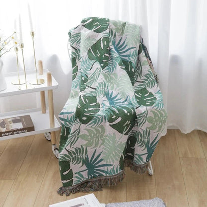 Throw Blanket Reversible Palm Leaf Cotton-Polyester Tassel Edges