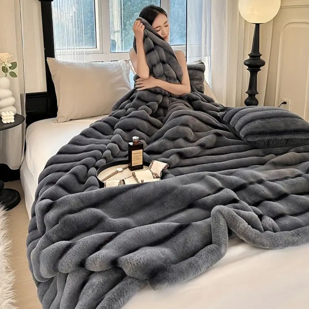 Throw Blanket Ruched Plush Faux Rabbit Fur Lightweight & Machine Washable