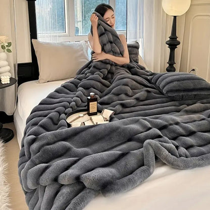 Throw Blanket Ruched Plush Faux Rabbit Fur Lightweight & Machine Washable