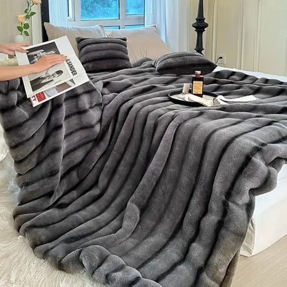 Throw Blanket Ruched Plush Faux Rabbit Fur Lightweight & Machine Washable