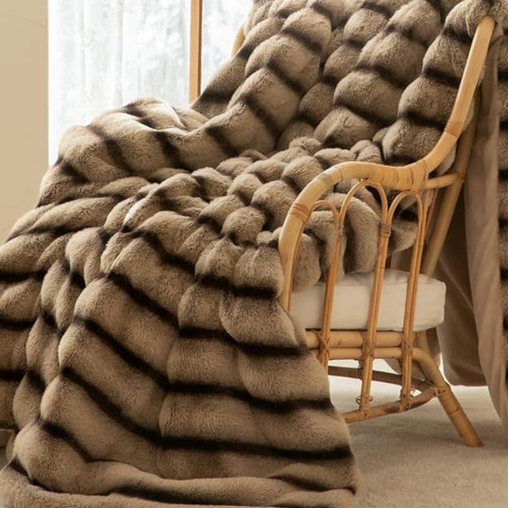 Throw Blanket Ruched Plush Faux Rabbit Fur Lightweight & Machine Washable