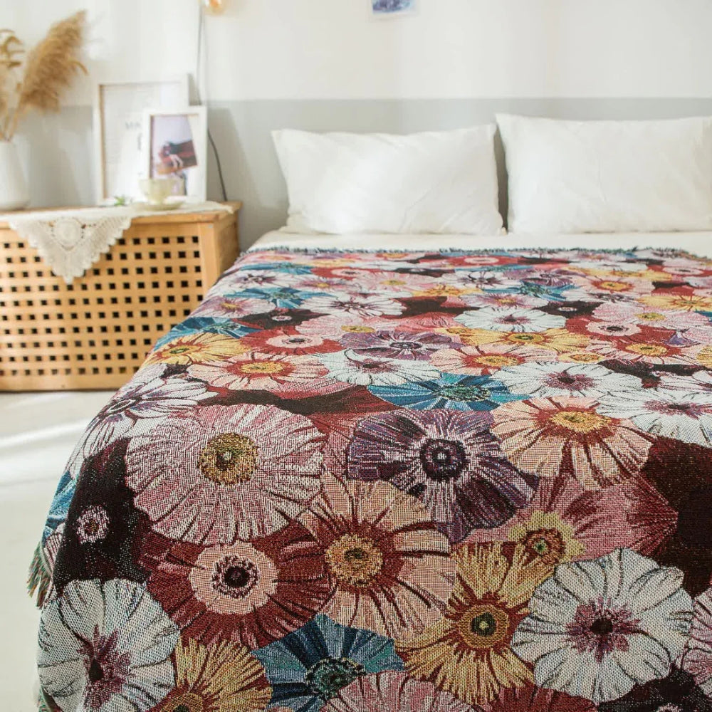 Throw Blanket Vintage Floral Cotton Polyester Blend Fringed Tassels