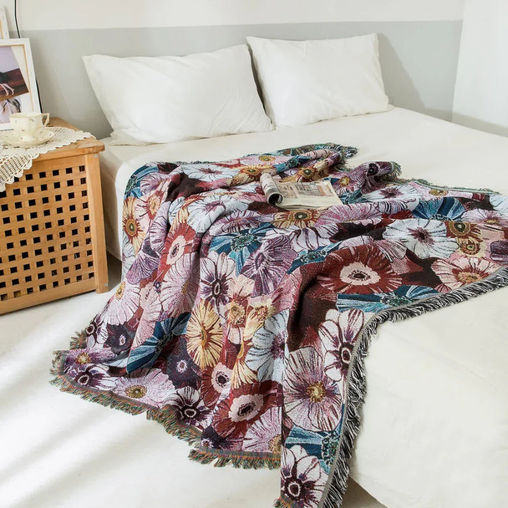 Throw Blanket Vintage Floral Cotton Polyester Blend Fringed Tassels