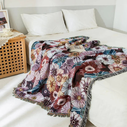 Throw Blanket Vintage Floral Cotton Polyester Blend Fringed Tassels