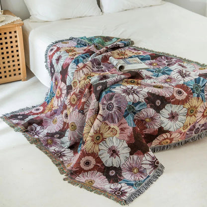 Throw Blanket Vintage Floral Cotton Polyester Blend Fringed Tassels