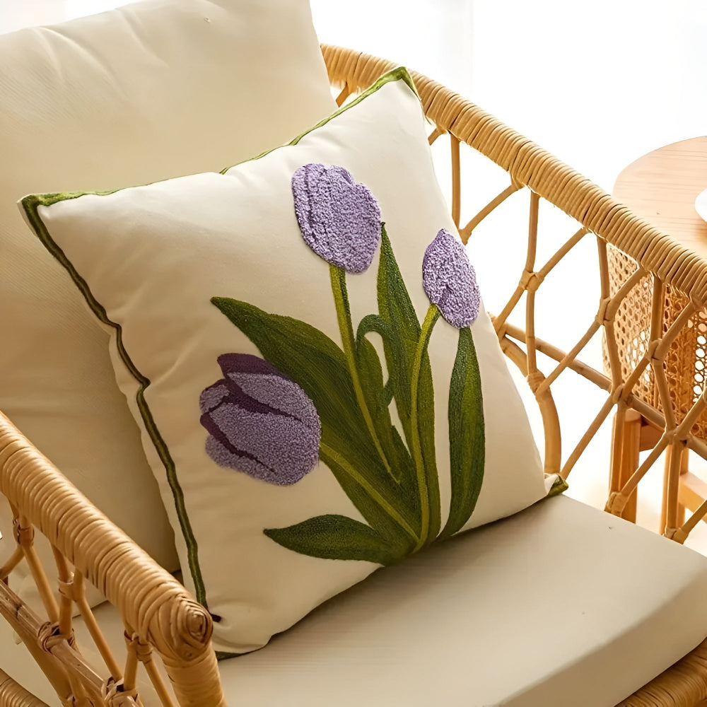 Throw Pillow Cover Boho Floral Embroidered Cotton