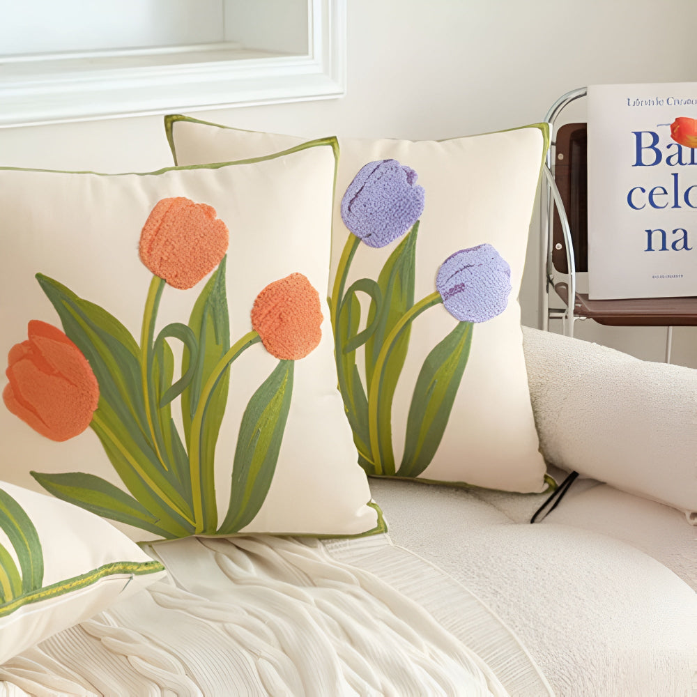 Throw Pillow Cover Boho Floral Embroidered Cotton